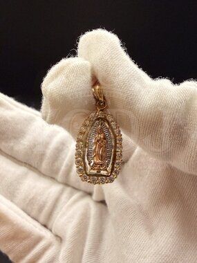 14K Tri Color Gold Cubic zirconia  Our Lady of Guadalupe Pendant